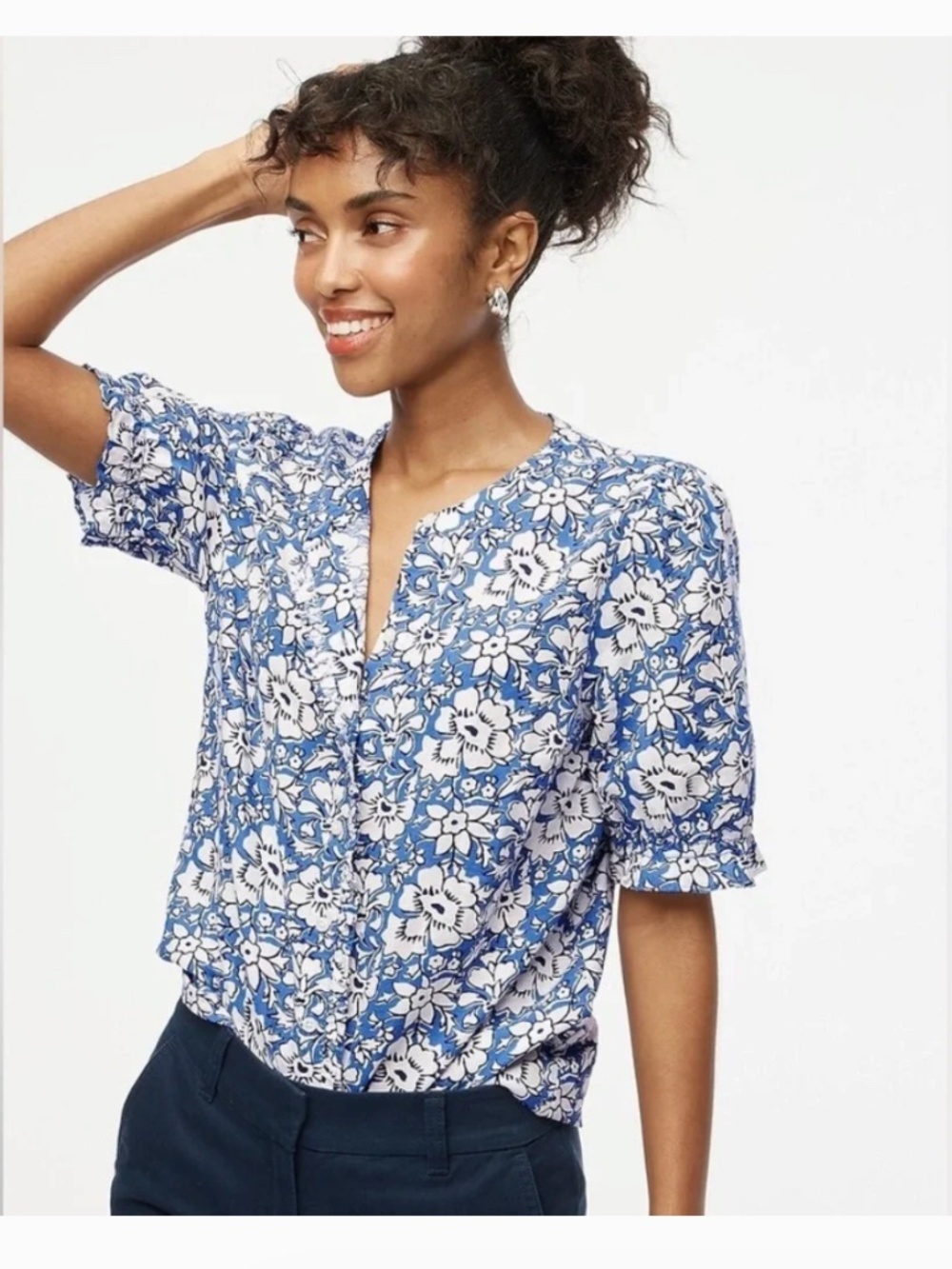 J Crew Linen-Blend Floral Puff Sleeve Button Down Shirt Top Blue White Small
